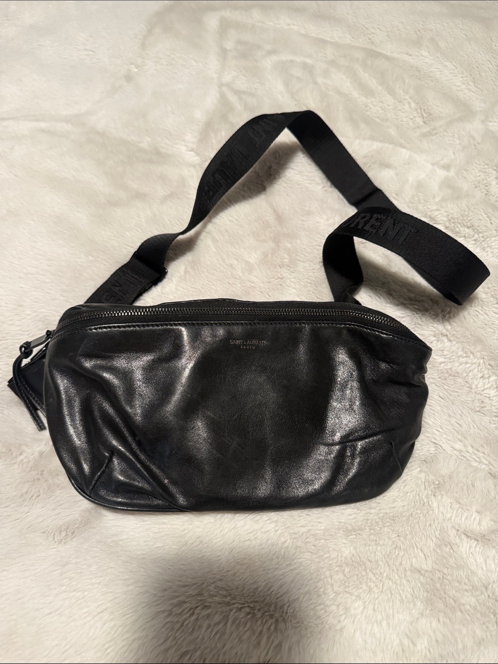 Saint Laurent Black Leather Belt Bag with Branded Strap